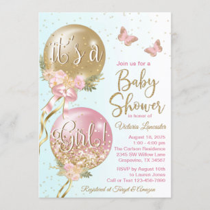 Invitation Ballons Turquoises d'or rose Papillons Baby shower
