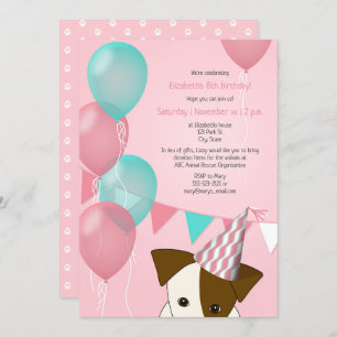 Invitation ballons turquoises roses filles chiot fête d'anniv