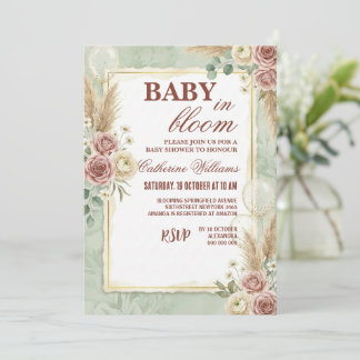 Invitation Ballons Vert Sauge Fleur Baby Shower
