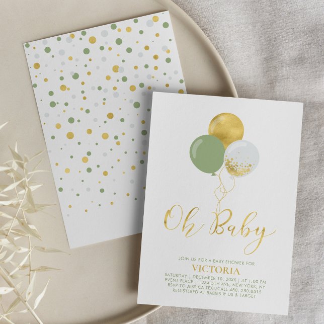 Invitation Ballons Verts & Dorés | Oh Bébé Garçon Baby Shower (Créateur téléchargé)