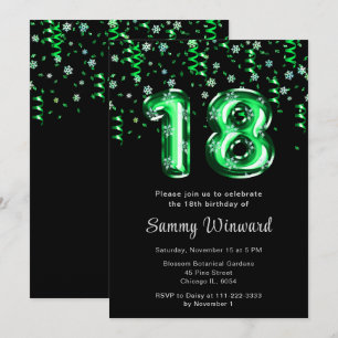 Invitation Ballons verts et confettis flocons de neige pour 1