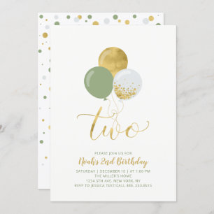 Invitation Ballons verts et or Boy 2e fête d'anniversaire
