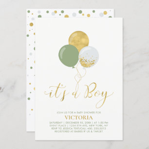 Invitation Ballons verts et or   Oh Baby Boy Baby shower
