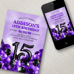 Invitation Ballons violet 15e anniversaire<br><div class="desc">Des tas et des tas de ballons - ce design ne résiste pas ! Doté de chiffres audacieux et d'une typographie élégante dans un espace qui déborde littéralement de ballons, ce design est un coup de fouet instantané. La combinaison de couleurs violet et noir et la typographie rétro donnent une...</div>