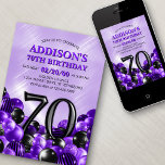 Invitation Ballons violet 70e anniversaire<br><div class="desc">Des tas et des tas de ballons - ce design ne résiste pas ! Doté de chiffres audacieux et d'une typographie élégante dans un espace qui déborde littéralement de ballons, ce design est un coup de fouet instantané. La combinaison de couleurs violet et noir et la typographie rétro donnent une...</div>