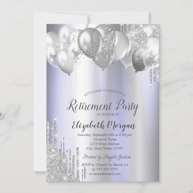 Invitation Ballons Violet Drips Pailletés Argent Retraite  (Devant)