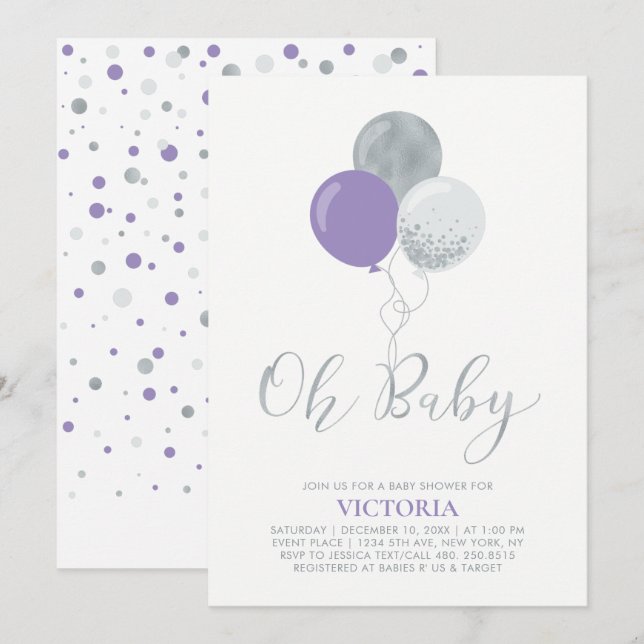 Invitation Ballons violet et argent Oh Baby Girl Baby shower (Devant / Derrière)