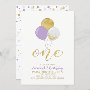Invitation Ballons violet et or Une 1ère Fille fête d'anniver