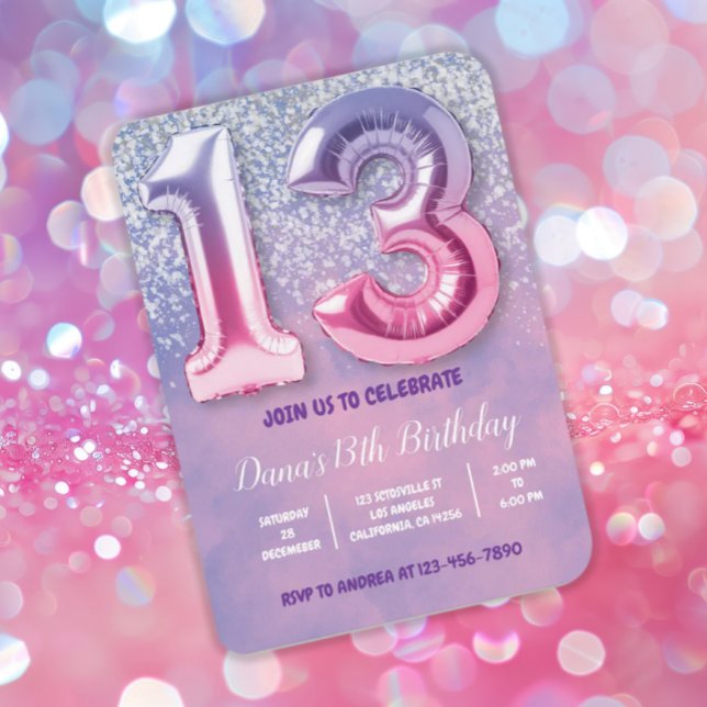 Invitation Ballons violet et rose 13e anniversaire (Créateur téléchargé)