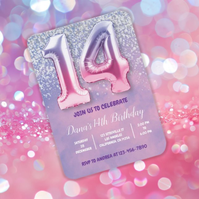 Invitation Ballons violet et rose 14e anniversaire (Créateur téléchargé)