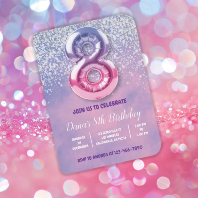 Invitation Ballons violet et rose 8e anniversaire (Créateur téléchargé)