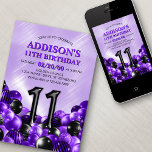 Invitation Ballons violets 11e anniversaire<br><div class="desc">Des tas et des tas de ballons - ce design ne résiste pas ! Doté de chiffres audacieux et d'une typographie élégante dans un espace qui déborde littéralement de ballons, ce design est un coup de fouet instantané. La combinaison de couleurs violet et noir et la typographie rétro donnent une...</div>