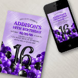 Invitation Ballons violets 16e anniversaire<br><div class="desc">Des tas et des tas de ballons - ce design ne résiste pas ! Doté de chiffres audacieux et d'une typographie élégante dans un espace qui déborde littéralement de ballons, ce design est un coup de fouet instantané. La combinaison de couleurs violet et noir et la typographie rétro donnent une...</div>