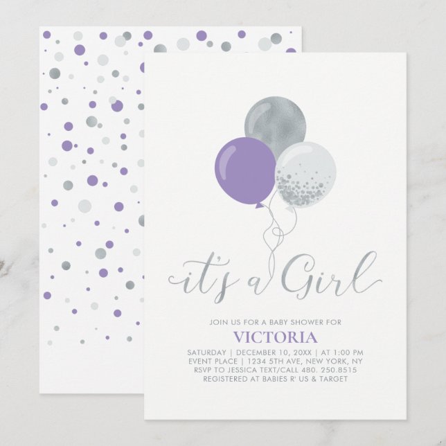 Invitation Ballons violets et argentés | C'est une fille Baby (Devant / Derrière)