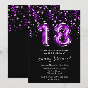 Invitation Ballons violets et confettis flocon de neige pour