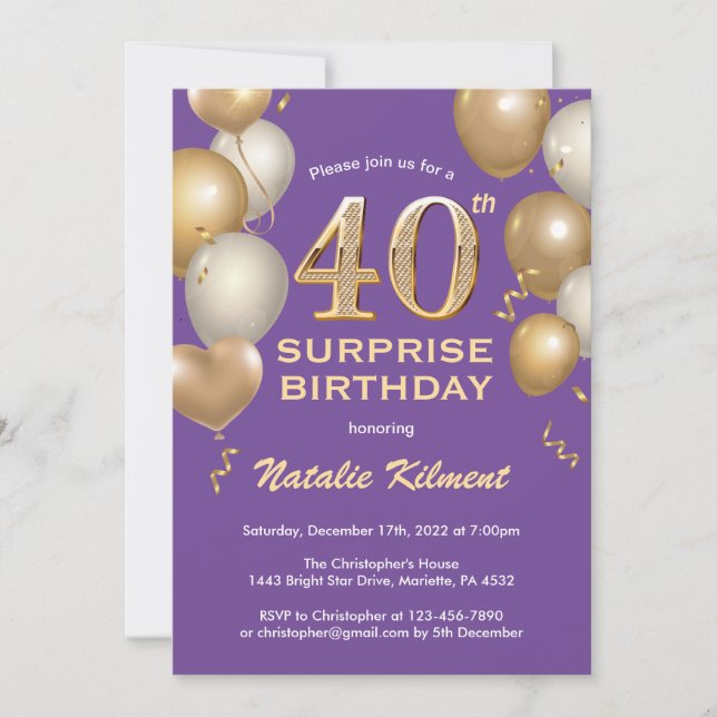 Invitation Ballons violets et dorés pour 40e anniversaire sur (Devant)