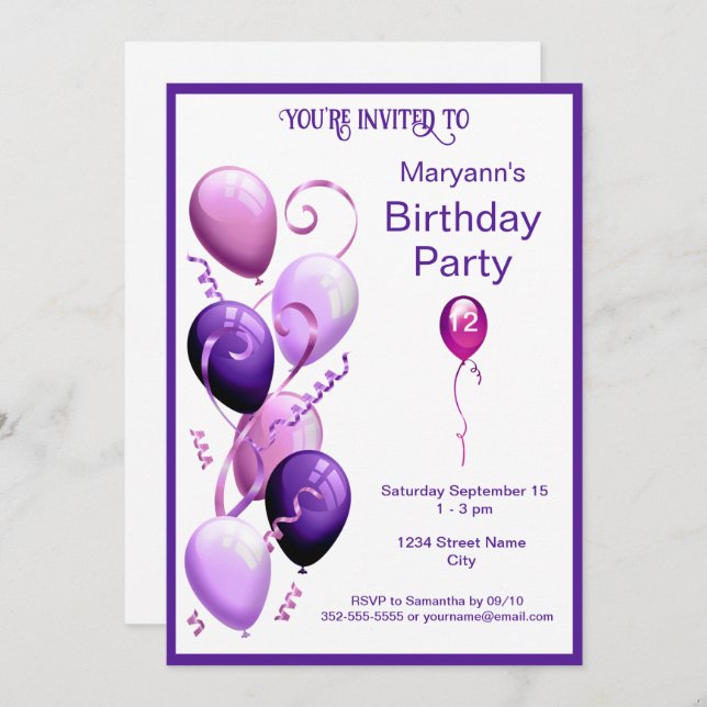Invitation Ballons violets fête d'anniversaire (Devant / Derrière)