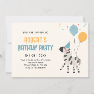 Invitation Ballons zèbre mignon anniversaire