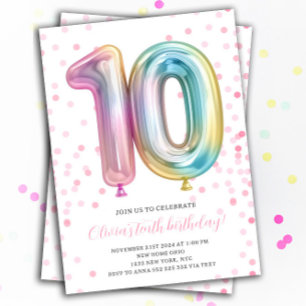 Invitation Balloon 10th Birthday Girl Party Numéro Arc-en-cie