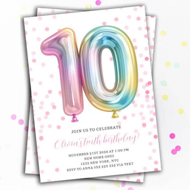 Invitation Balloon 10th Birthday Girl Party Numéro Arc-en-cie (10th birthday rainbow invitation for girl )