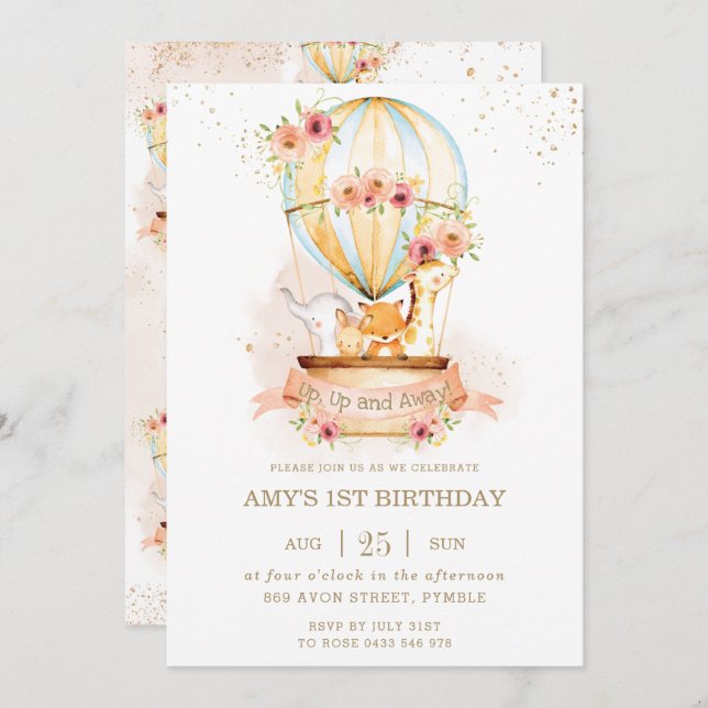 Invitation Balloon à air chaud 1er anniversaire Jungle Animau (Devant / Derrière)