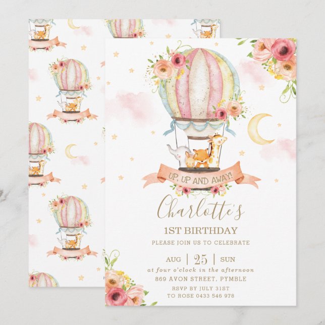 Invitation Balloon à air chaud 1er anniversaire Jungle Animau (Devant / Derrière)