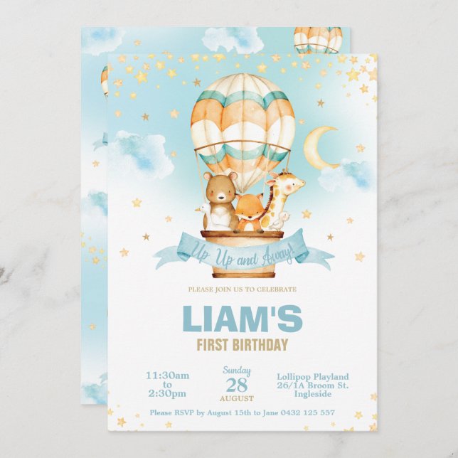 Invitation Balloon à air chaud Anniversaire Garçon mignonne J (Devant / Derrière)