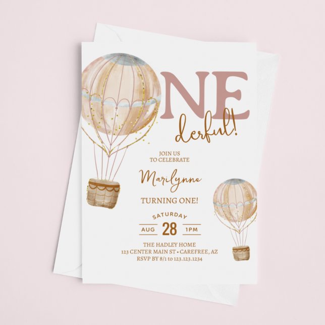 Invitation Balloon à air chaud Boho rose 1er anniversaire (Créateur téléchargé)