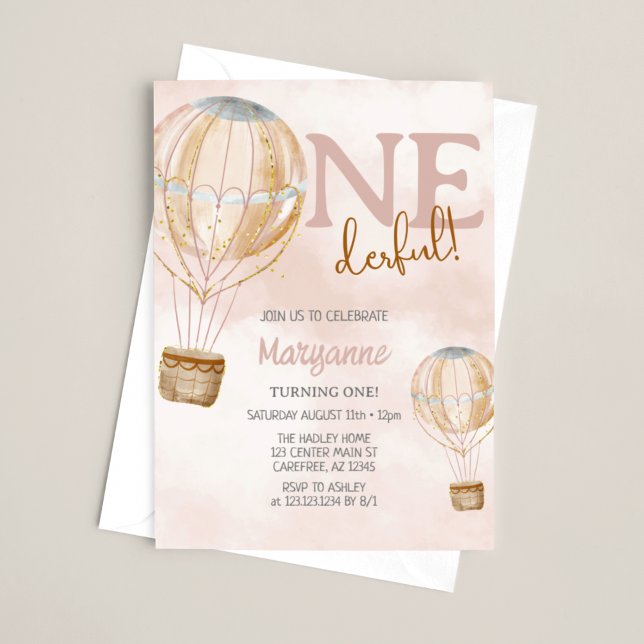Invitation Balloon à air chaud Boho rose 1er anniversaire (Créateur téléchargé)