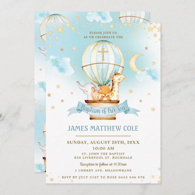 Invitation Balloon à air chaud mignon Animaux Baptême Christe (Devant / Derrière)
