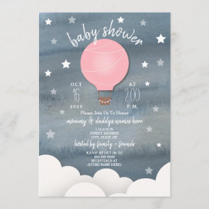 Invitation Balloon à air chaud rose + Baby shower féminin Sta