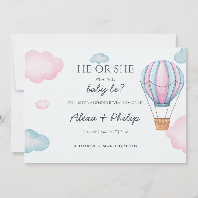 Invitation Balloon à air chaud rose et bleu Fête de la révéla (Devant)