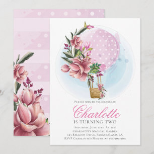 Invitation Balloon à air chaud rose Floral Anniversaire