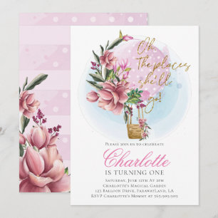 Invitation Balloon à air chaud rose Floral premier anniversai
