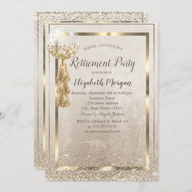 Invitation Balloon à cadre doré, Retraite Confetti en verre (Devant / Derrière)