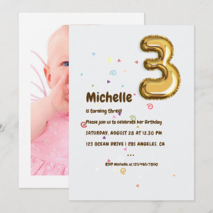 Invitation Balloon à huile d'or et Confetti 3ème anniversaire