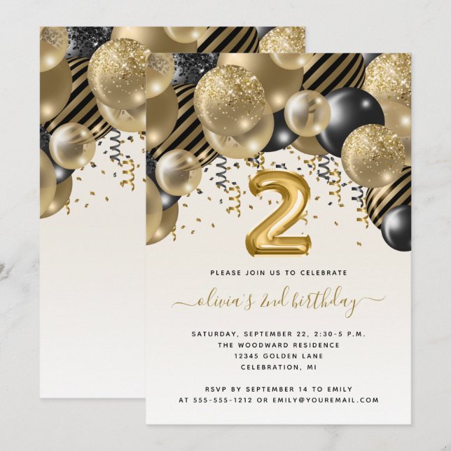 Invitation Balloon Arch Black Gold 2e fête d'anniversaire (Devant / Derrière)