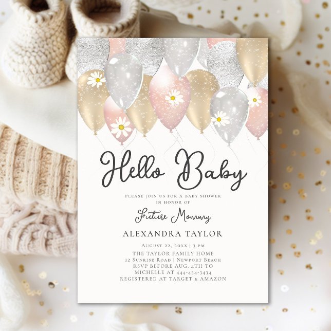 Invitation Balloon Arch Daisy Pink Gold Boho Girl Baby shower (Créateur téléchargé)