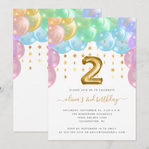 Invitation Balloon Arch Rainbow Gold Girls 2nd Birthday Party