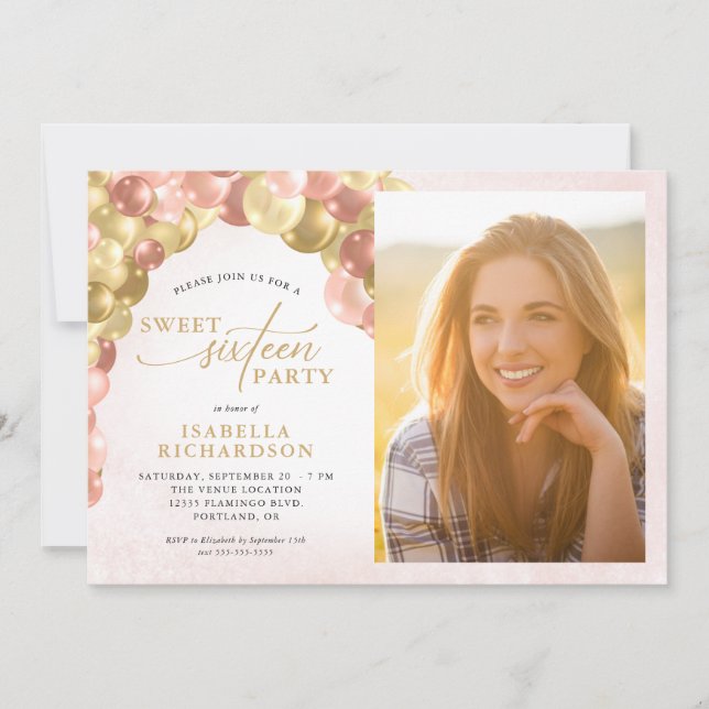 Invitation Balloon Arch rose & or Photo Sweet 16 Party (Devant)