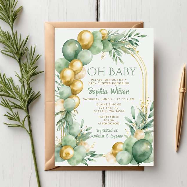 Invitation Balloon Arch Sage Or Sexe Baby shower neutre (Balloon Arch Sage Gold Gender Neutral Baby Shower Invitation)