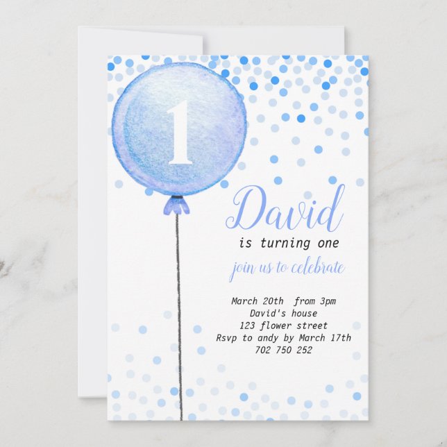 Invitation Balloon Baby Boy 1er Anniversaire Premier Confetti (Devant)
