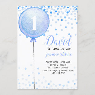 Invitation Balloon Baby Boy 1er Anniversaire Première Confett