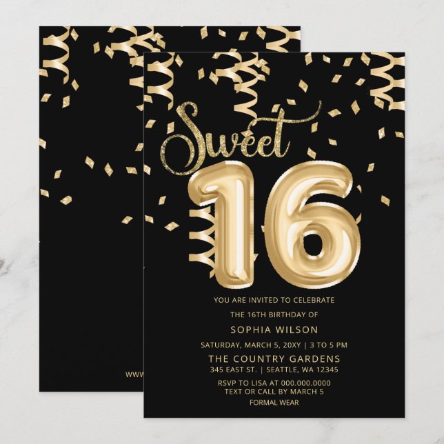 Invitation Balloon Black Gold Foil Sweet 16 Anniversaire (Devant / Derrière)