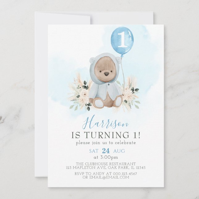 Invitation Balloon bleu Boho Teddy Bear 1er anniversaire (Devant)