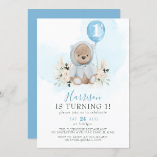 Invitation  Balloon bleu Boho Teddy Bear 1er anniversaire