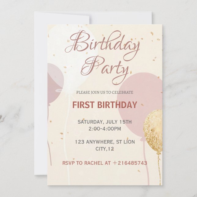 Invitation Balloon bleu minimal 1er anniversaire pour fille (Devant)
