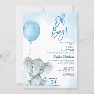 Invitation Balloon bleu Oh garçon Elephant Baby shower