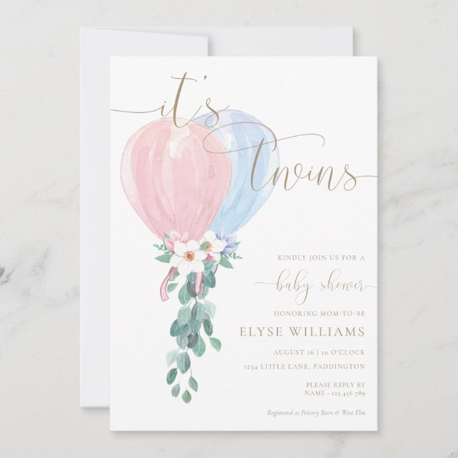 Invitation Balloon bleu rose C'est Baby shower jumeaux (Devant)