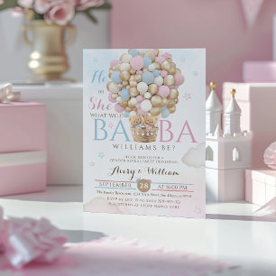Invitation Balloon bleu rose ours Baby shower de révélation d